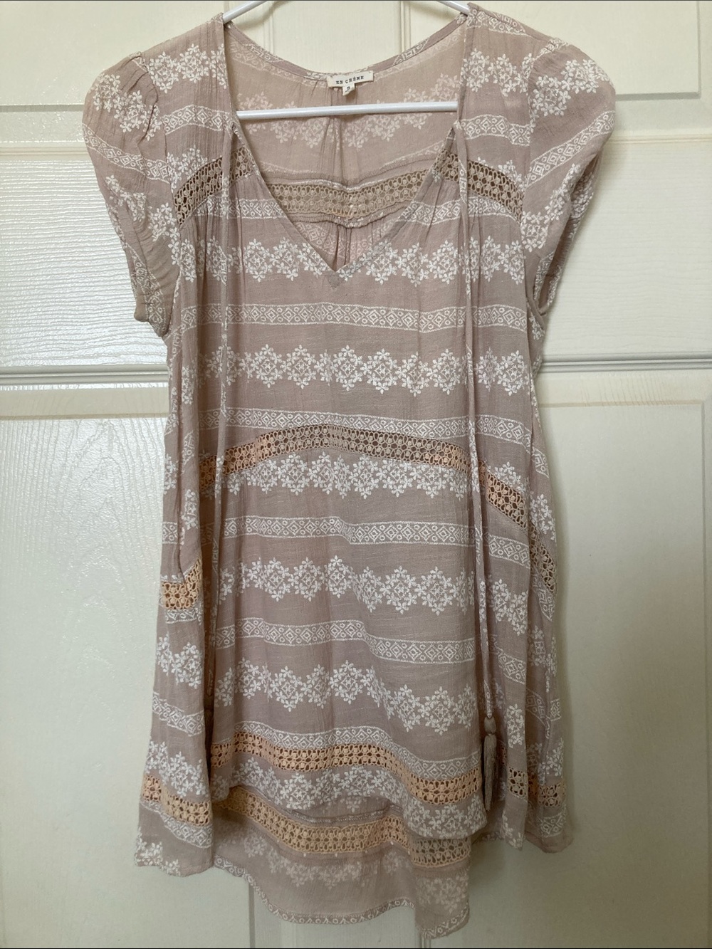 En Creme Cream and White Crochet-Trim Boho Tunic